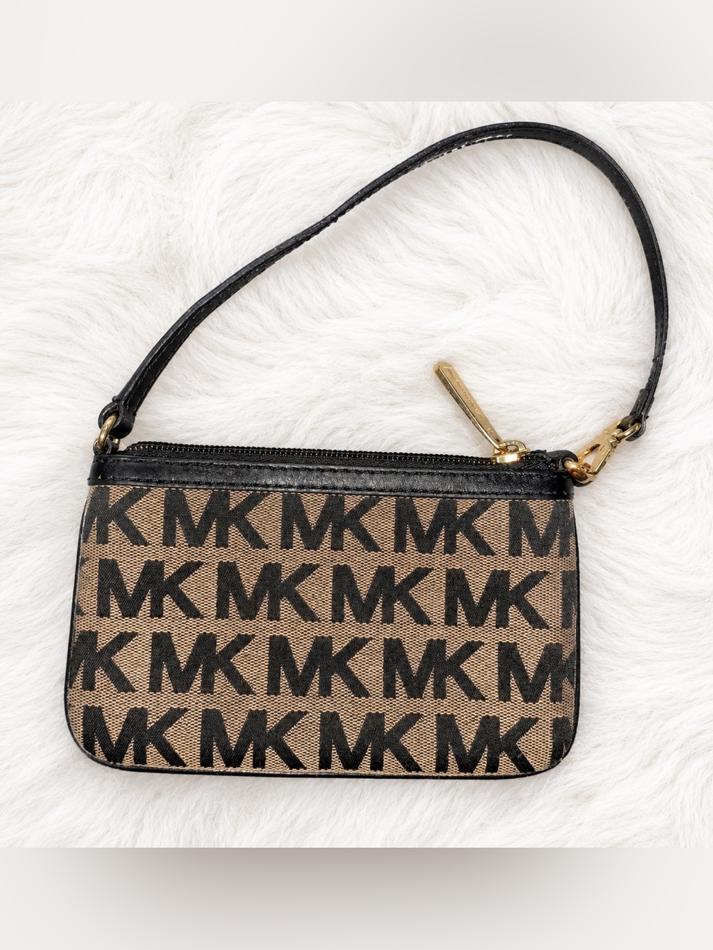 Michael Kors Black Tan MK Logo Canvas Zip Wristlet Clutch Pouch Bag